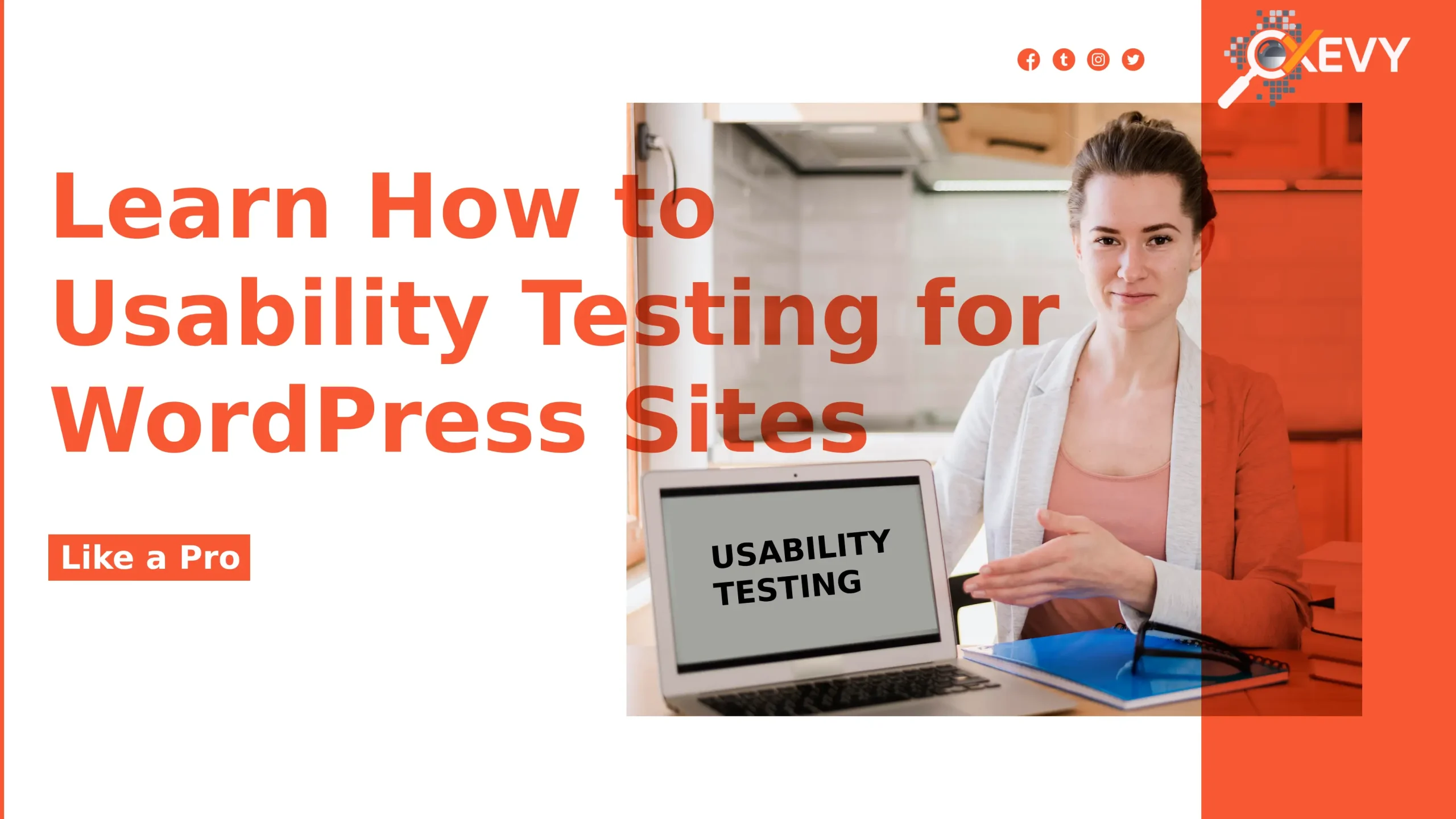 Illustration of a professional usability testing process for WordPress sites, featuring a laptop displaying analytics 'Learn How to Conduct Usability Testing for WordPress Sites.