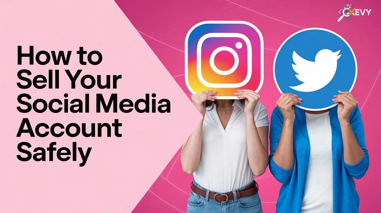 Two people holding oversized social media icons of Instagram and Twitter in front of their faces, set against a vibrant pink background with bold text reading 'How to Sell Your Social Media Account Safely,' symbolizing the concept of social media account sales and digital identity.