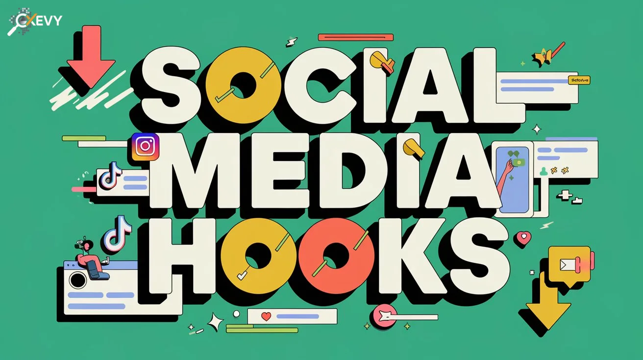 Bold and vibrant Social Media Hooks design with large yellow and green text, featuring engagement icons like arrows, checkmarks, and social media elements in the background.